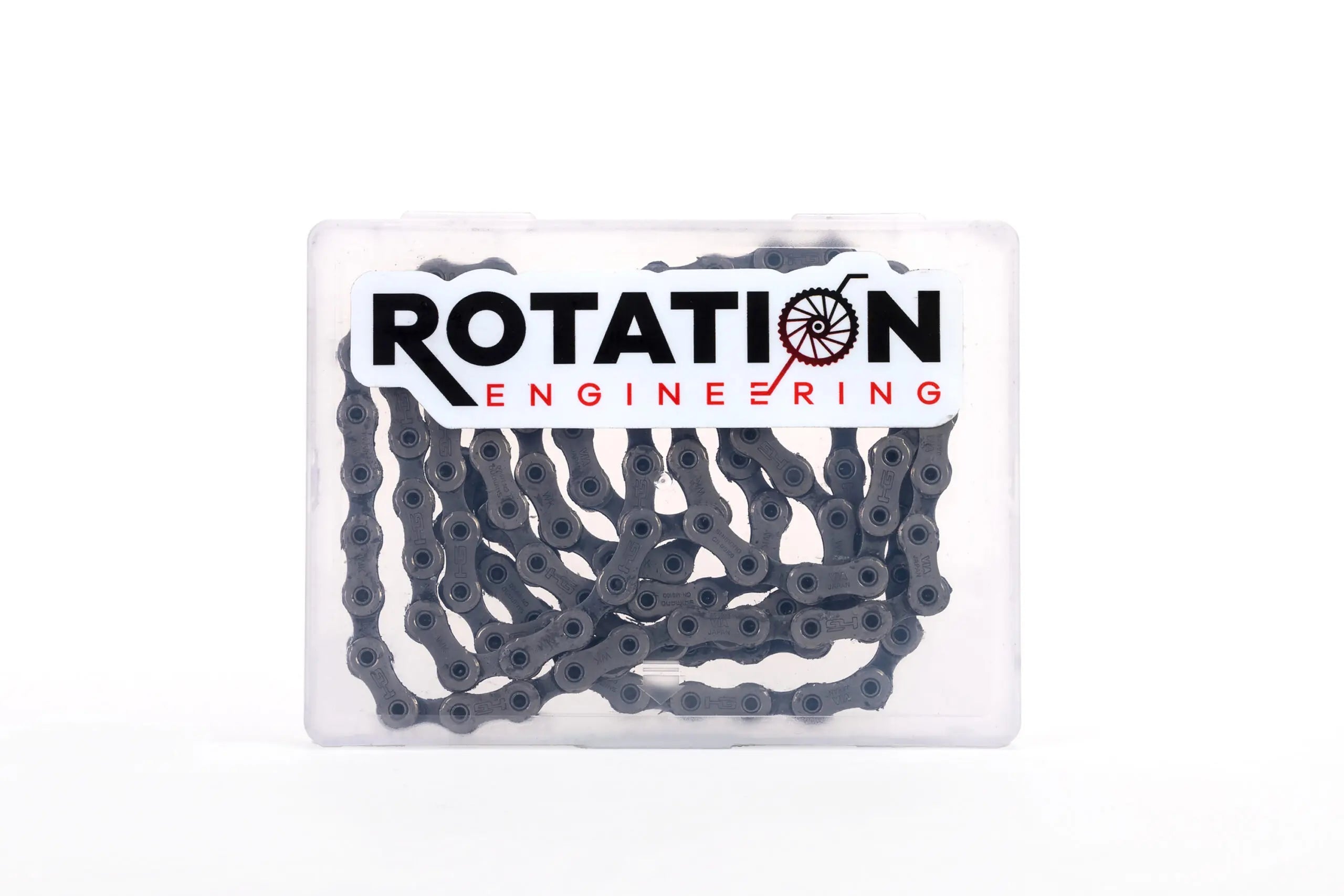Packaging containing a bike chain is labeled "Rotation Engineering." The logo features a stylized bicycle wheel, conveying precision and efficiency.