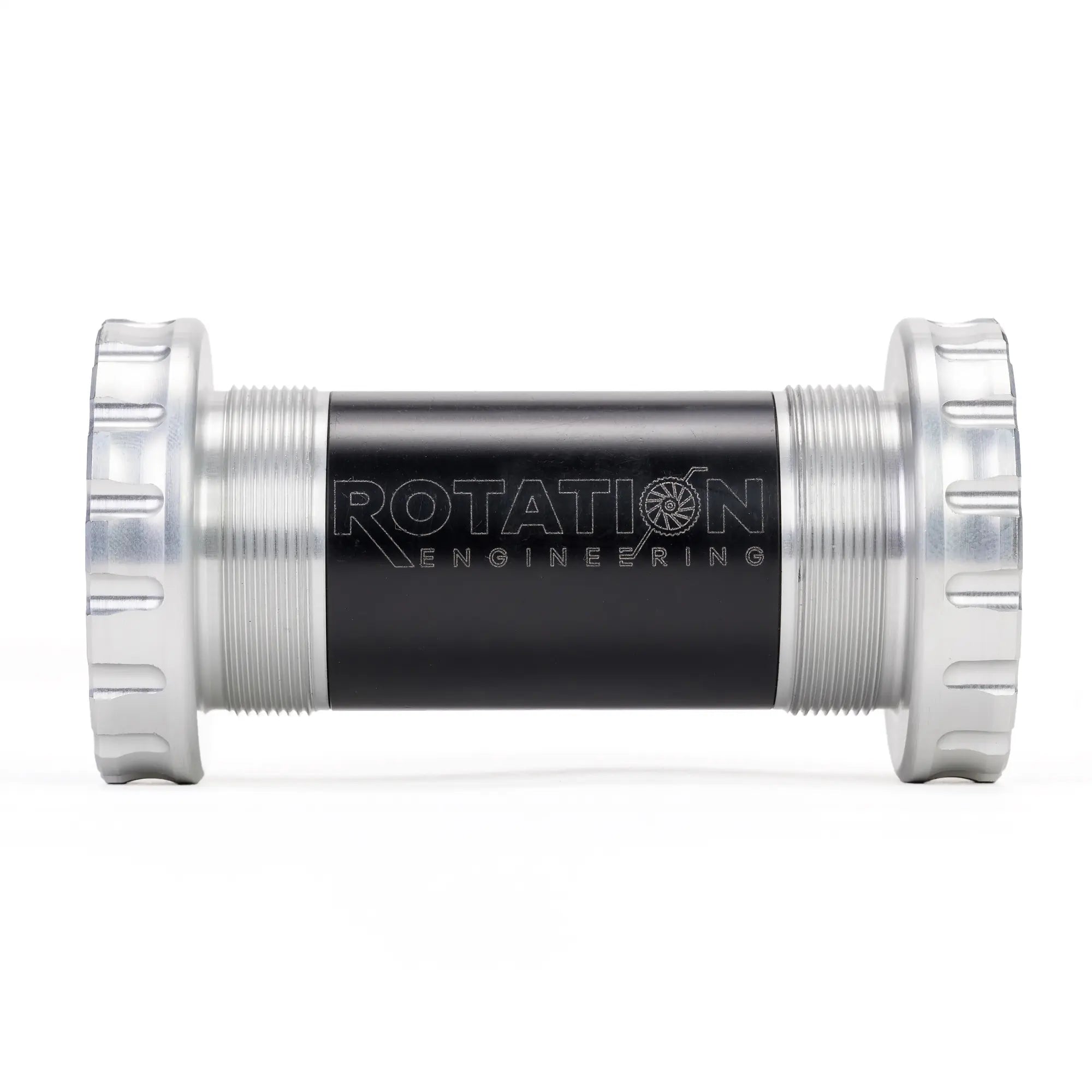 A metallic, cylindrical bike component with the text "Rotation Engineering" printed on the black central section. Silver threaded ends feature ridge details.
